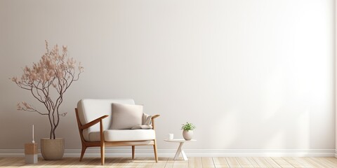 Nordic-inspired living room: white chair, minimal decorations, neutral colors.