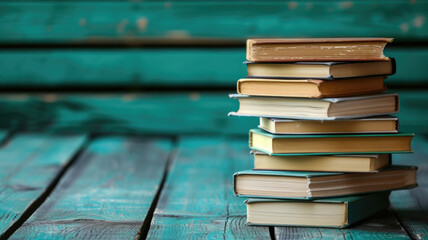 Pile of old books stacked on rustic wooden table, academic concept
