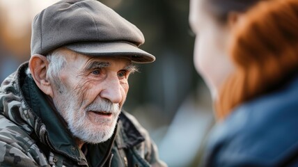 Obraz premium An aged man with a cap converses with a person outdoors in daylight