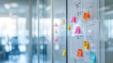 Glass board covered with colorful sticky notes for brainstorming