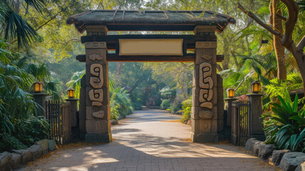 Naklejka premium Stone gateway with Asian characters leading into a tranquil garden