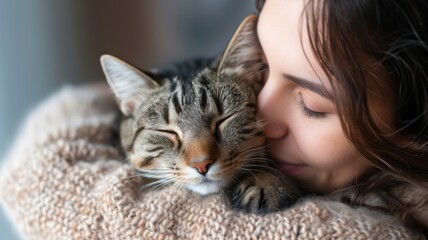 A serene moment of affection as a woman cuddles her sleeping cat