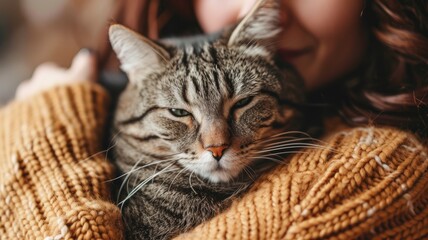 A relaxed tabby cat being held closely by a person in a warm, knitted sweater