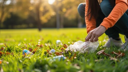  Individual picking up plastic waste in a grassy park, environmental cleanup concept - obrazy, fototapety, plakaty