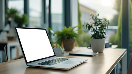 Fototapeta premium Open laptop with a white blank screen on a wooden desk, surrounded by houseplants, in a bright sunlit room.