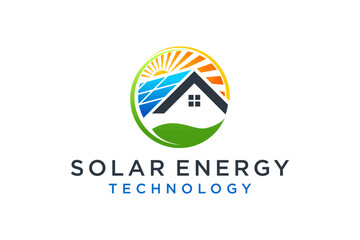 Illustration of a house roof logo design with solar power generation technology, blue solar cells and green leaves symbolizing environmentally friendly and renewable.