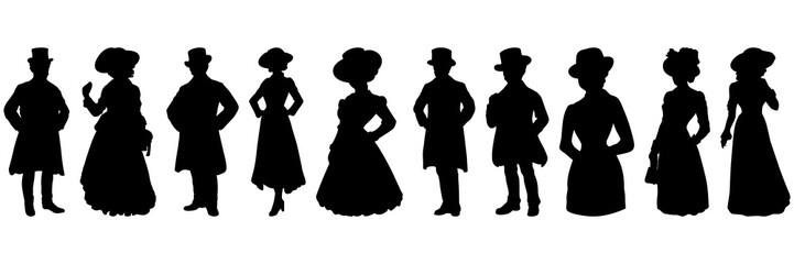  Vintage people man and woman silhouettes set, large pack of vector silhouette design, isolated white background.
