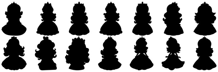 Princess girl silhouettes set, large pack of vector silhouette design, isolated white background.