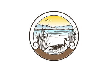 Swamp duck illustration design with bulrush plant, circular frame logo.