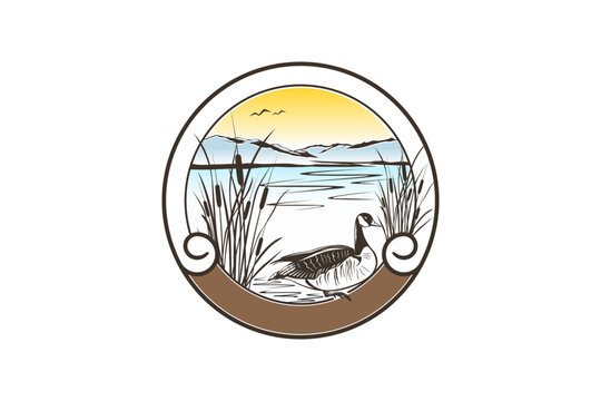 Swamp duck illustration design with bulrush plant, circular frame logo.