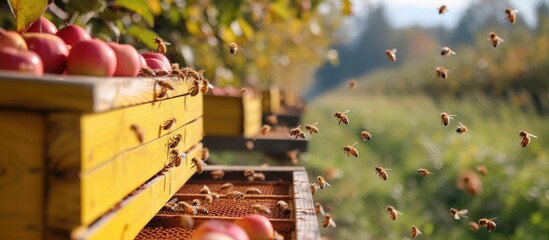 A beehive with bees in an apple orchard, made of yellow wood.