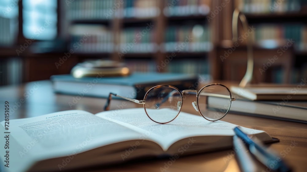 Poster eyeglasses resting on an open book in a library