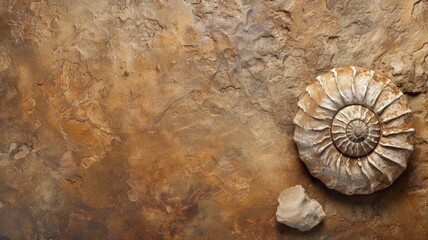 Close-up of a spiral ammonite fossil embedded in a rocky surface, symbolizing geological history