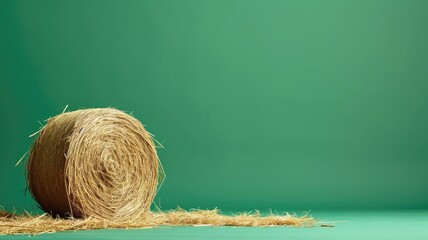 Single hay bale on green backdrop with straw on ground