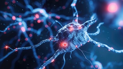 Detailed neuron activity digital illustration, highlighting neural communication - obrazy, fototapety, plakaty