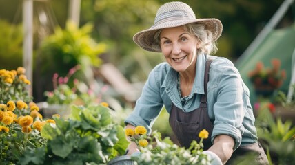 Cheerful elderly woman tending to her garden with joy