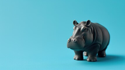 A ceramic hippo figurine stands against a vibrant turquoise backdrop