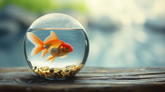 A vibrant goldfish explores its clear spherical home atop a wooden surface