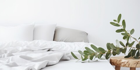 Minimal style bedroom with eucalyptus branch on wood table, comfortable bed with bedding and pillows on white background.