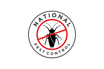 Cockroach and flea pest management company circle badge logo. With a red cross symbol.