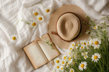 Top view hat and note book with daisy on cloth table, Minimal fashion summer holiday concept. Flat lay