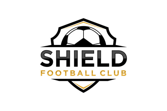 Badge logo in the form of a shield, soccer sports team label illustration.