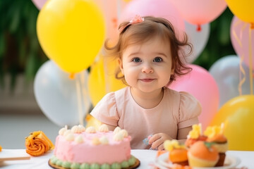 Joyful cute little girl celebrating her birthday with cake and balloons. Birthday party, childhood and celebration. Generative AI