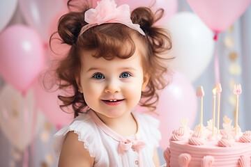 Obraz na płótnie Canvas Joyful cute little girl celebrating first birthday with cake and balloons. Birthday party, childhood and celebration. Generative AI