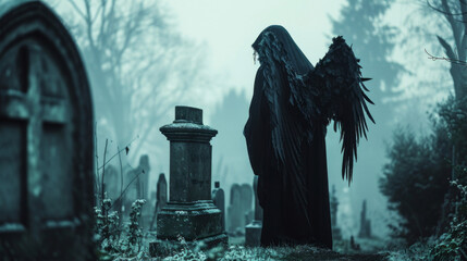 A winged figure in a black cloak standing in a cemetery with a hand resting on a gravestone as if in quiet contemplation. - obrazy, fototapety, plakaty
