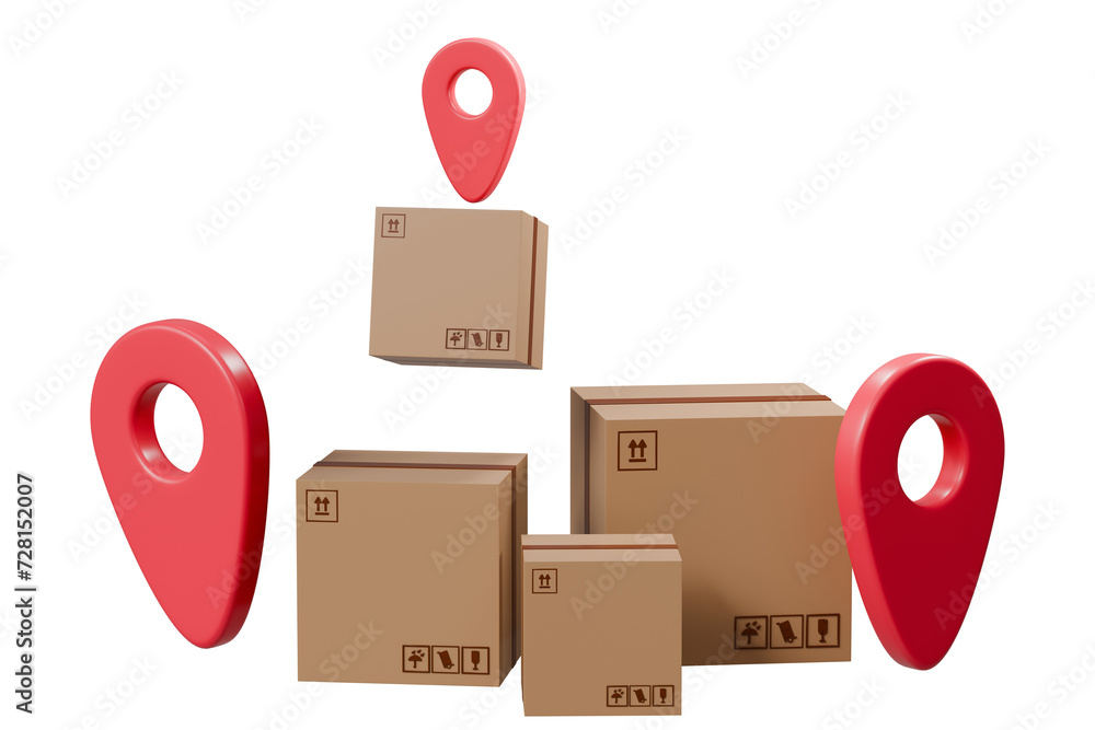 Poster 3d minimal location pin pointer marker and box packing or delivery box icon. online delivery shippin