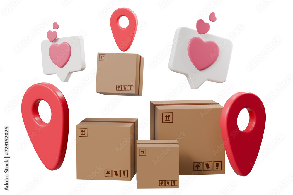 Fototapete 3d minimal location pin pointer marker and box packing or delivery box icon. online delivery shippin