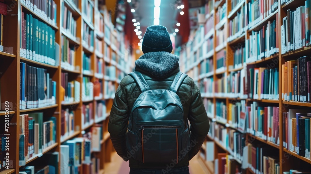 Poster rear view of a person selecting books in a library