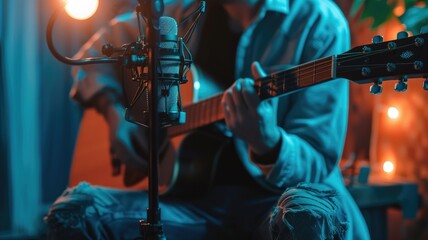 Guitarist playing in a recording studio with blue ambient lighting - obrazy, fototapety, plakaty