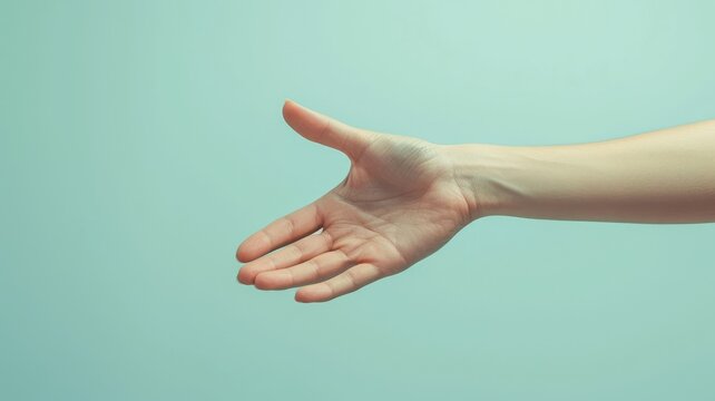 Human hand extended in a helpful gesture, blue backdrop