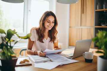 Smiling young woman calculating taxes at table in kitchen, paying household bills taxes or insurance, managing budget, calculating expenses