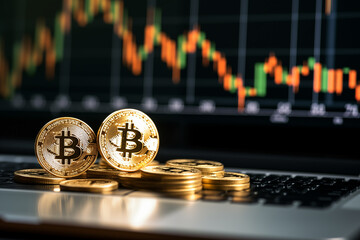 A golden bitcoin coins on the computer with a stock market chart graph in the bokeh background. Bitcoin spot ETF concept.