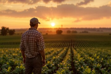 Fototapeta premium Farmer Contemplating Field at Sunset