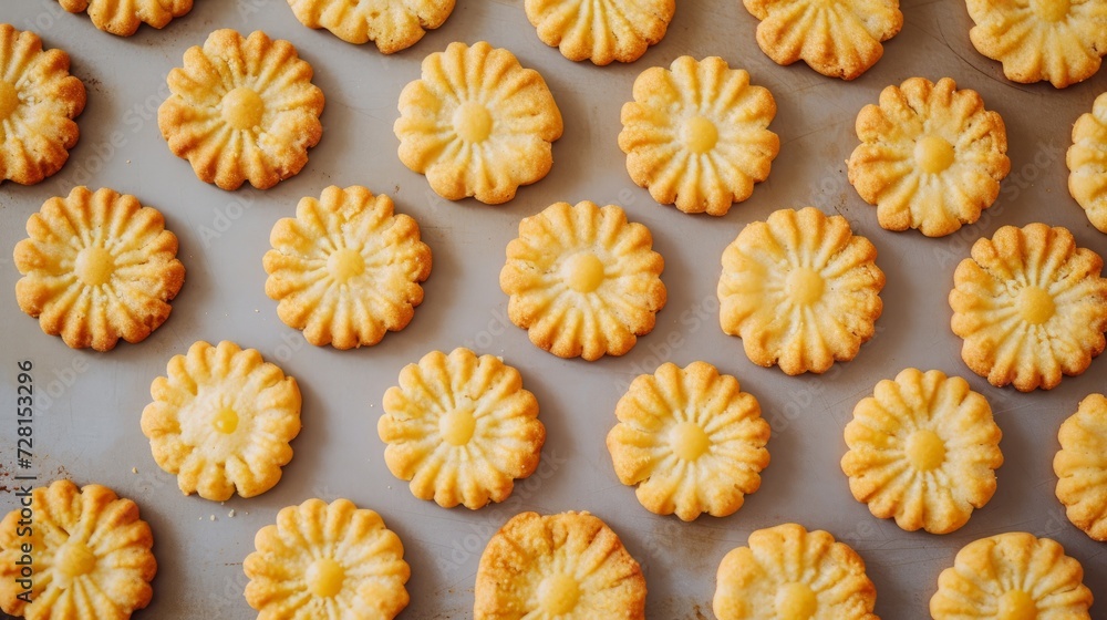 Aufkleber deliciously golden butter cookies arranged in perfect rows on a baking tray for a mouthwatering trea