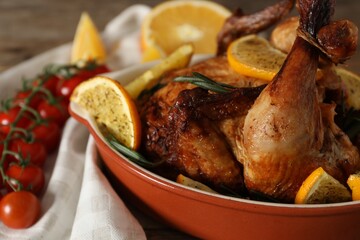 Tasty baked chicken with orange slices on table, closeup