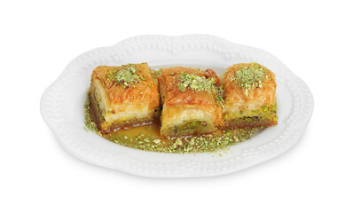 Delicious fresh baklava with chopped nuts and honey isolated on white. Eastern sweets