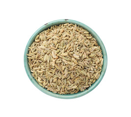 Dry fennel seeds in bowl isolated on white, top view