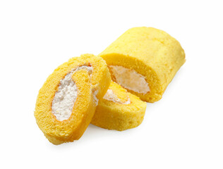 Delicious cake roll with cream filling isolated on white