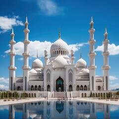 Fototapeta premium The grand mosque stands tall and majestic against the backdrop of a clear blue sky, its intricate architecture and towering minarets a testament to its cultural significance, with generative ai