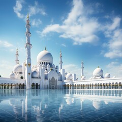 The grand mosque stands tall and majestic against the backdrop of a clear blue sky, its intricate architecture and towering minarets a testament to its cultural significance, with generative ai