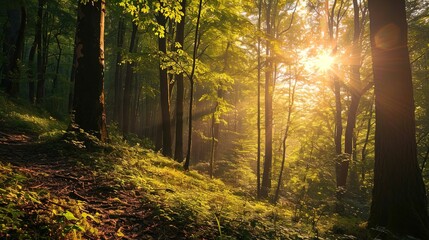 A serene forest scene illuminated by the golden rays of a setting or rising sun. The sunlight filters through the dense canopy of trees, creating a warm and inviting glow. The forest floor is covered 