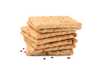 Stack of cereal crackers with flax and sesame seeds isolated on white