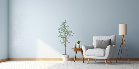 Minimalistic white, grey, and blue living space adorned with Scandinavian style seating and a plush armchair.