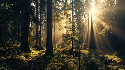A lush forest scene with the sun shining through tall pine trees, creating a warm, golden light that filters down to the forest floor. The sunbeams create a visually striking pattern of light and shad