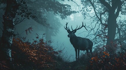 A majestic stag with a full rack of antlers stands in the center of a misty, ethereal forest. The atmosphere is moody and blue-toned, with trees shrouded in fog. Light filters through the canopy, high