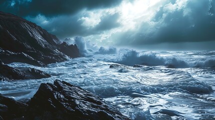 Fototapeta premium The image captures a dramatic and stormy seascape. Powerful waves are crashing against rugged rocks, creating a dynamic and frothy white sea foam. The sky above is filled with an ominous arrangement o